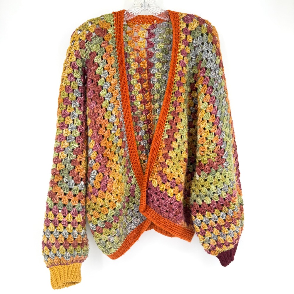 Handmade Crochet Cardigan Earth Tone Multicolor Granny Square Open Front L